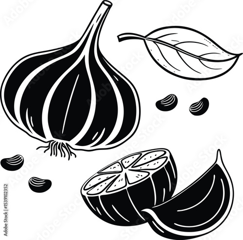 Set of fresh fruit and vegetable vector illustrations including apple, onion, garlic, lemon, and tomato, perfect for a nature-inspired food icon design