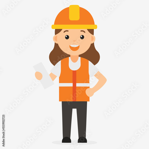 Smiling female construction worker wearing safety helmet and high visibility vest holding paper