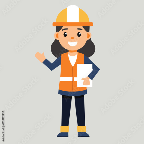 Smiling female construction worker holding documents wearing safety gear and construction helmet