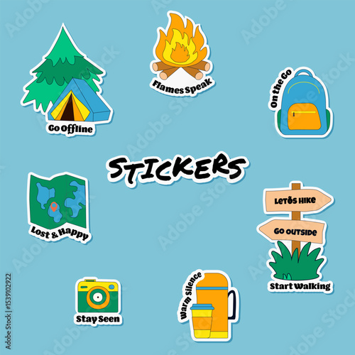 Hiking and camping sticker set, colorful cartoon travel icons with quotes