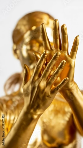 Golden Hands Hiding Face: Vertical Video of Conceptual Body Art, Luxury Metallic Paint, Artistic Expression. Mysterious Figure. 4K Animation.