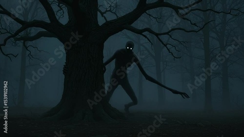 Mysterious figure lurking behind a dark tree at night