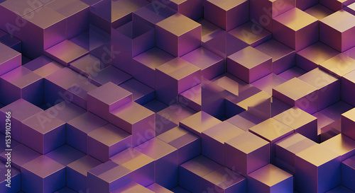 Abstract geometric cubes in purple and gold creating a modern 3d background