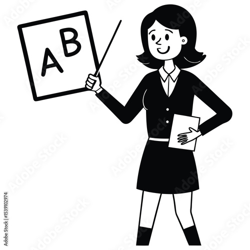 Teacher explaining lessons on the board in a simplified black and white illustration