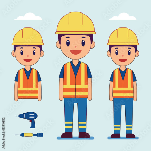 Vector illustration of cartoon construction workers with safety gear and tools