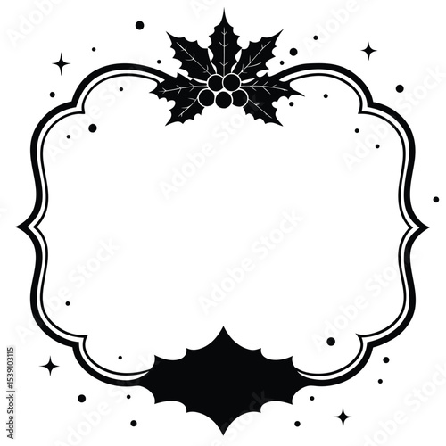 Elegant black and white christmas frame with holly berries and festive decorative elements