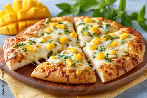 Mango basil thin crust tropical pizza close up