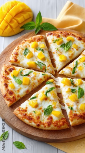 Mango basil exotic pizza on a rustic wooden table