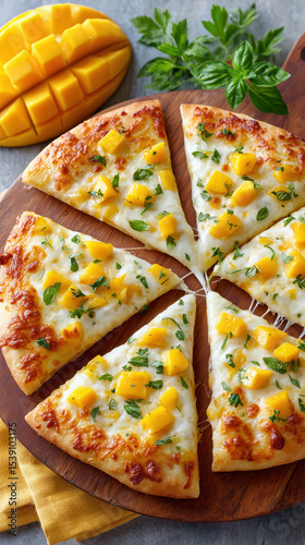 Vegetarian mango basil pizza with melted cheese top view on vertical background.