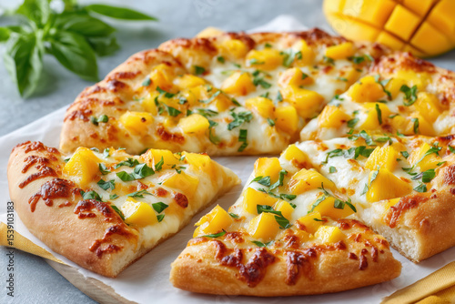 Slices of mango basil vegetarian pizza with cheese pull