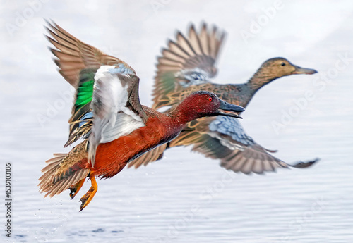 A Cinnamon Teal Duck couple excitedly take flight above a light colored pond in early Springtime.