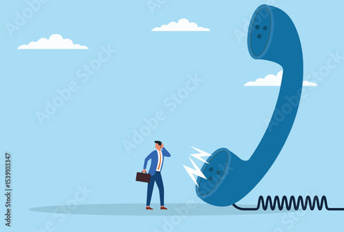 Vector illustration of a businessman trying to listen carefully in front of a large telephone, representing focused communication, active listening, and business connectivity