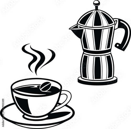 Warm coffee in a white mug with scattered beans and a silver coffeepot on an isolated surface