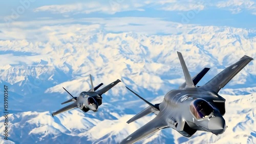 Fighter Jets in Formation Over Snowy Mountains: Air Force Military Aviation, Advanced Combat Aircraft & Aerospace Technology. 4K Animation.