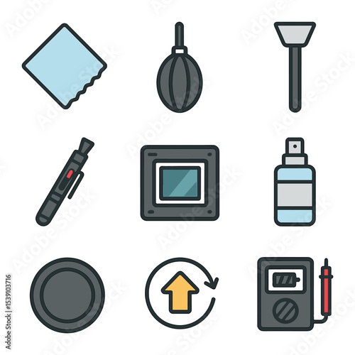 Camera Maintenance Icons. Flat icon set of digital camera maintenance: lens cloth, blower tool, sensor cleaner