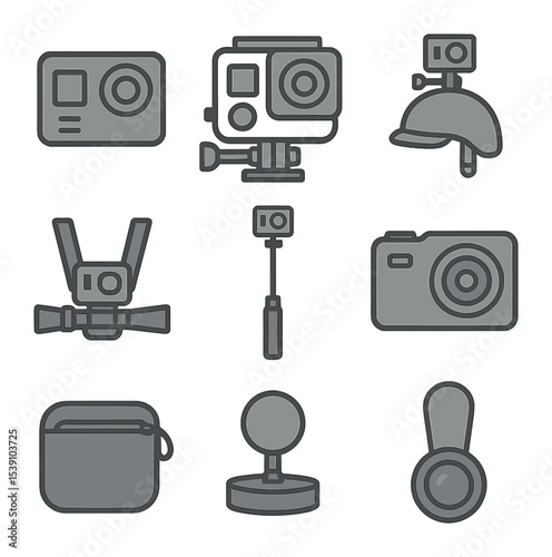 Camera Icon Set. Flat icon set of action and compact cameras: action cam, waterproof case, helmet mount, chest
