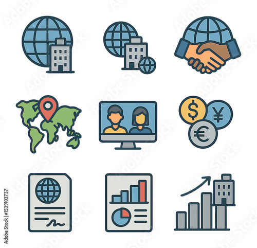 Multinational Company Icons. Flat icon set of multinational companies: global office, satellite branch,