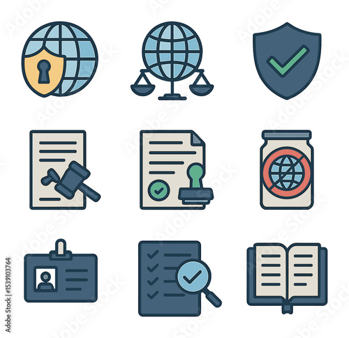 Legal Compliance Icons. Flat icon set of legal and compliance in global business: data protection,
