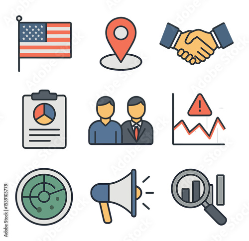 Foreign Market Strategies Icons. Flat icon set of foreign market entry tactics: country flag, target city pin,