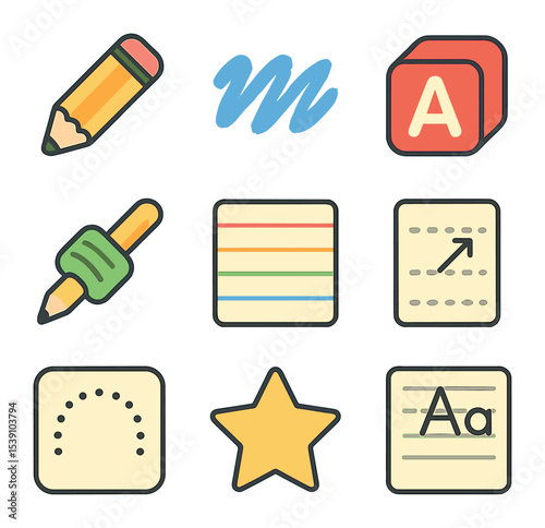 Preschool Handwriting Tools Icons. Flat icon set of preschool handwriting tools: chubby pencil, crayon stroke,
