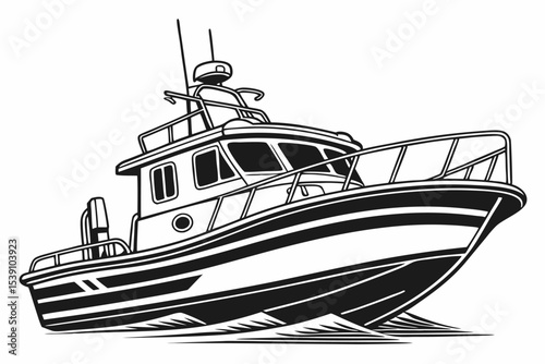 Detailed Black and White Illustration of a Stylish Cabin Cruiser Boat Navigating Calm Waters with Elegant Design and Striking Contrast