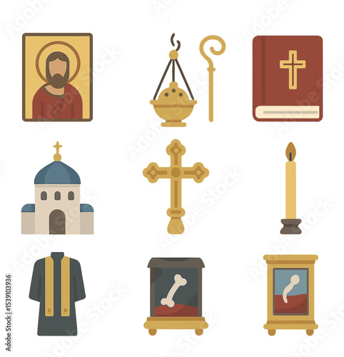 Orthodox Traditions Icons Set. Flat icon set of Orthodox Christian traditions: icon painting, incense censer,