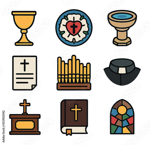 Lutheran Tradition Icons. Flat icon set of Lutheran traditions: communion cup, Luther’s seal, baptismal font,