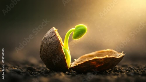 New sprout emerging from a seed in soft sunlight