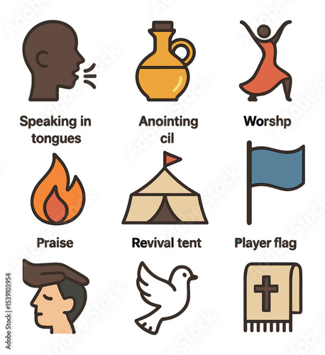 Pentecostal Worship Icons. Flat icon set of Pentecostal and Charismatic worship: speaking in tongues icon,