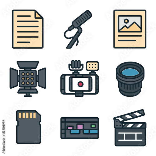 Film Production Icons. Flat icon set of short film production: script page, boom mic, storyboard sketch, LED