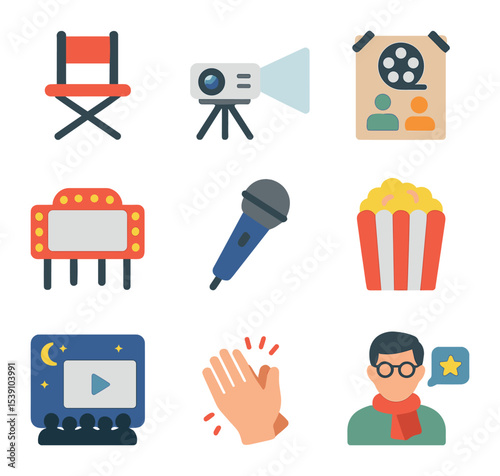 Independent Film Icon Set. Flat icon set of independent film screening events: folding chair, outdoor