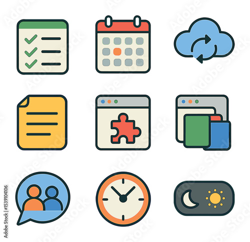 Productivity Tools Icon Set. Flat icon set of productivity tools in tech blogs: to-do list app, calendar grid,