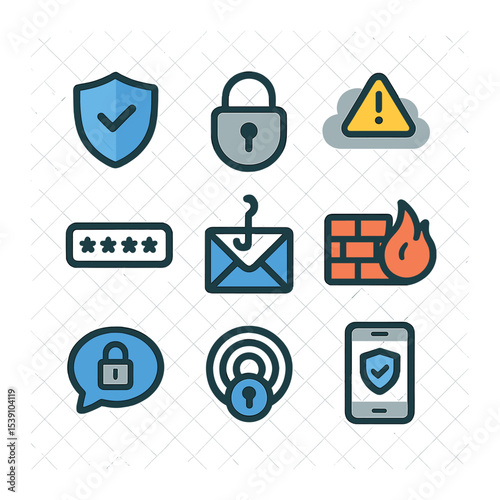 Cybersecurity Icons Grid. Flat icon set of cybersecurity blog topics: shield icon, padlock, breach alert,