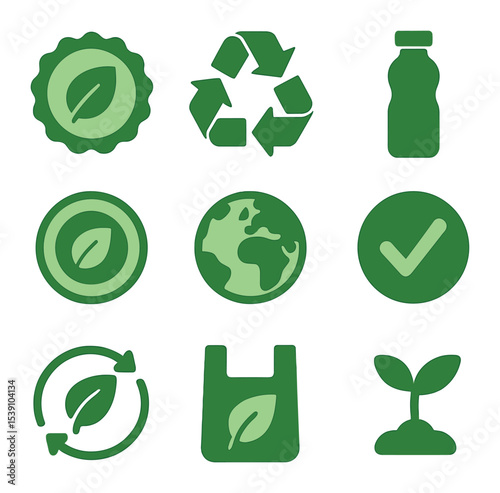Eco Label Icons. Flat icon set of green label design with eco vibes trend: leaf badge, recyclable mark, eco