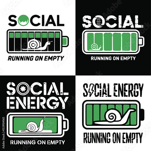 Social Energy Running on Empty Vector Design: Introvert Humor Graphic for T-Shirts, Posters, and Snail Lovers. Funny Exhausted Battery Art for Socially Drained People