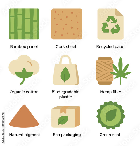 Eco-Friendly Material Icons. Flat icon set of inspirational design with ecology materials trend: bamboo panel,