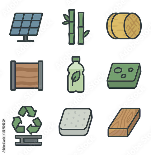 Renewable Materials Icons. Flat icon set of renewable design materials: solar panel, bamboo stalk, straw bale,