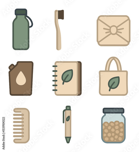 Eco-Friendly Icon Set. Flat icon set of conscious lifestyle product design: reusable bottle, bamboo toothbrush