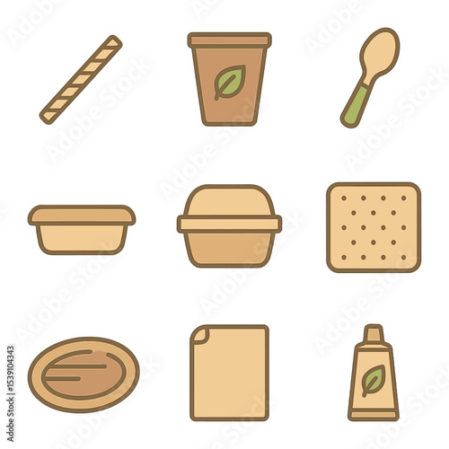 Biodegradable Product Icons. Flat icon set of biodegradable product design: paper straw, compostable cup, corn