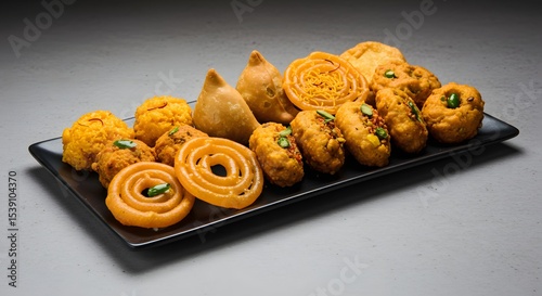 indian food Assorted Indian Sweets and Savories Platter: Jalebi, Samosa, Kachori, and More