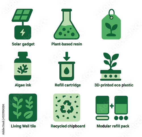 Green Design Icon Set. Flat icon set of green innovation in product design: solar gadget, plant-based resin,
