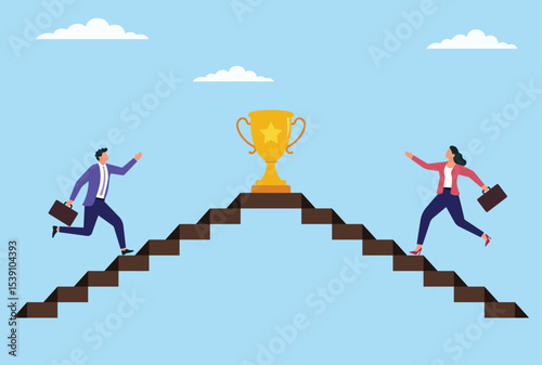 Vector illustration of a man and woman climbing stairs from opposite sides, each striving to reach a trophy that symbolizes success, ambition, competition, and achievement