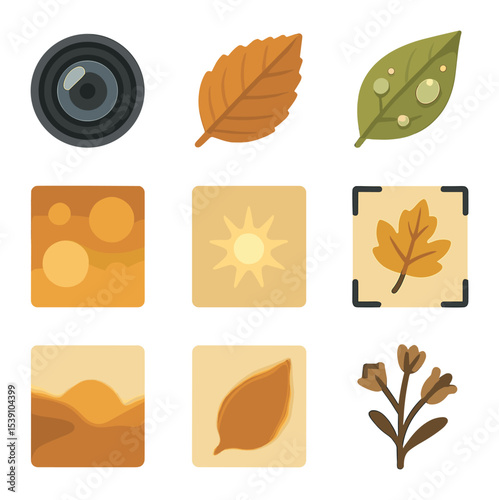 Seasonal Nature Icons. Flat icon set of seasonal nature collections: pressed leaf, botanical sketch, labeled