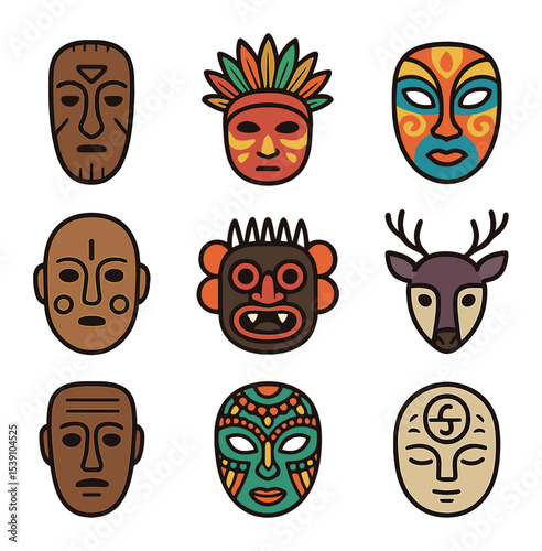 Ceremonial Mask Icons. Flat icon set of ceremonial masks: tribal wood mask, feathered headdress, painted
