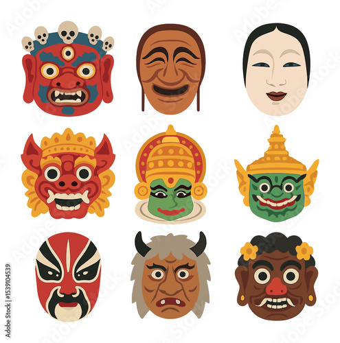Diverse Asian Ritual Masks. Flat icon set of Asian ritual masks: Tibetan demon mask, Korean Hahoetal, Japanese