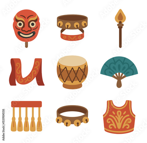 Ritual Dance Icons. Flat icon set of ritual dance accessories: handheld mask, ankle bells, ritual staff,