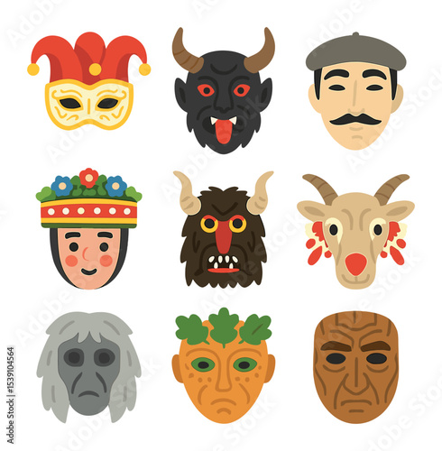 European Festival Masks. Flat icon set of European folk and festival masks: Venetian carnival mask, Krampus