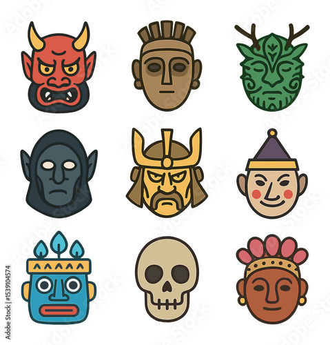 Mythology Mask Icons. Flat icon set of masks in mythology and folklore: oni demon mask, ancestral guardian,