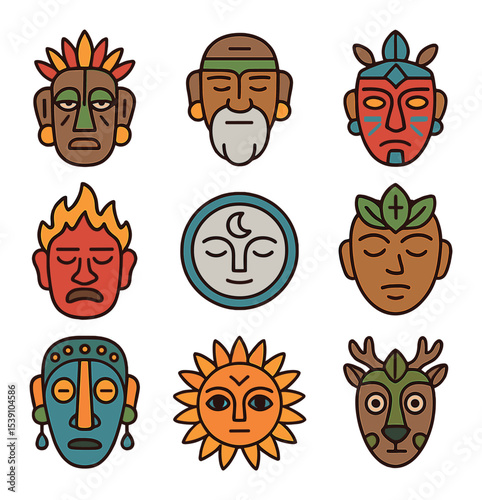 Ritual and Fitness Icons. Flat icon set of sacred ritual performance masks: initiatory mask, elder mask,