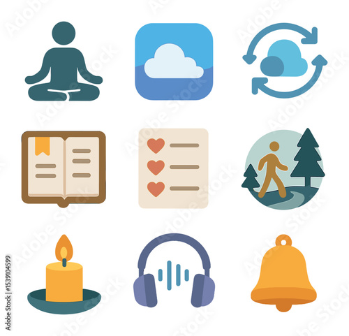 Mental Wellness Icons. Flat icon set of mental wellness tools: meditation pose, calm app icon, breathing guide